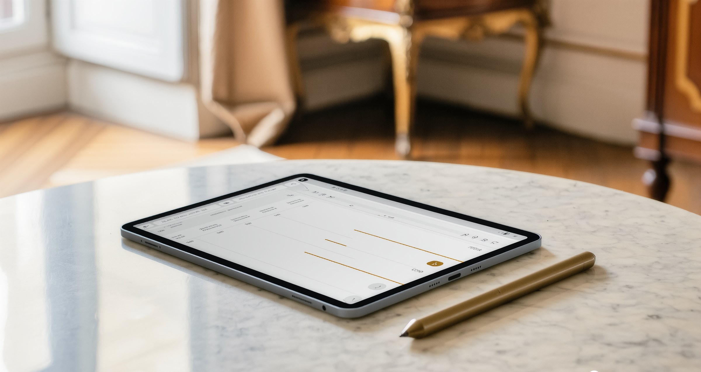 Tablette affichant un dashboard d'audit IA sur surface marbre dans un cabinet parisien