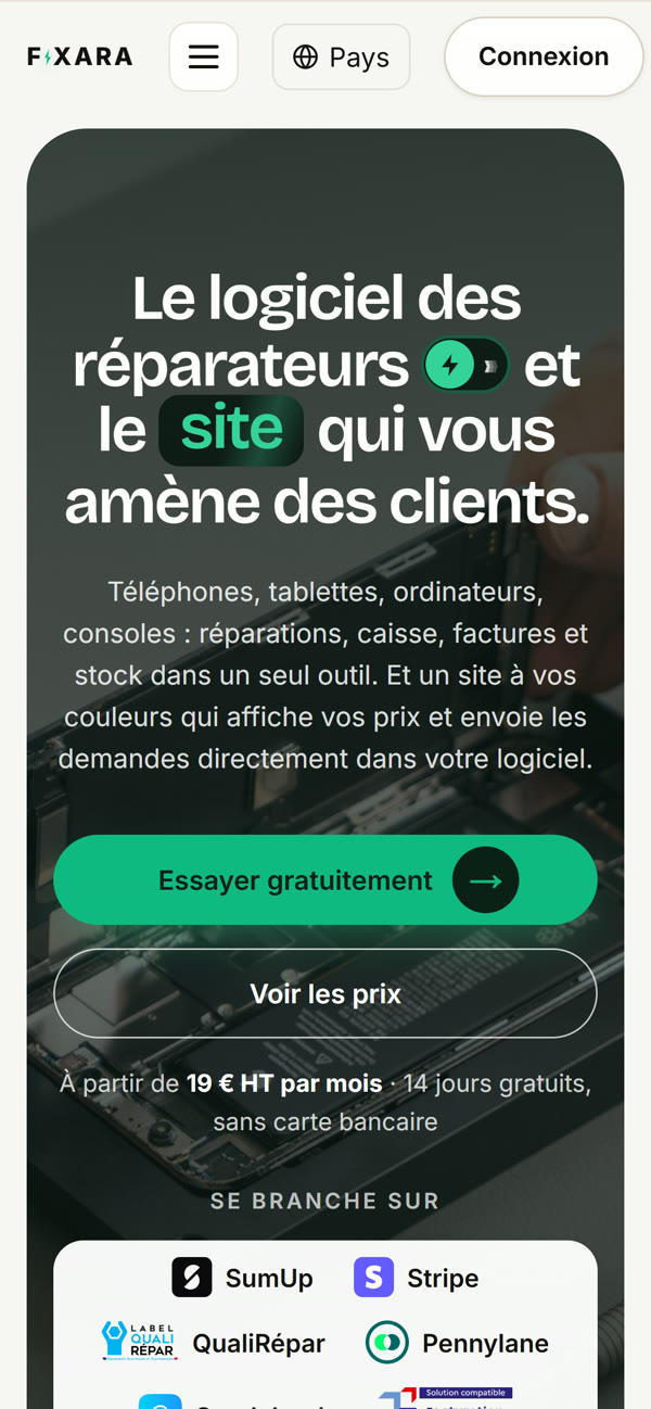 Le site Fixara sur téléphone